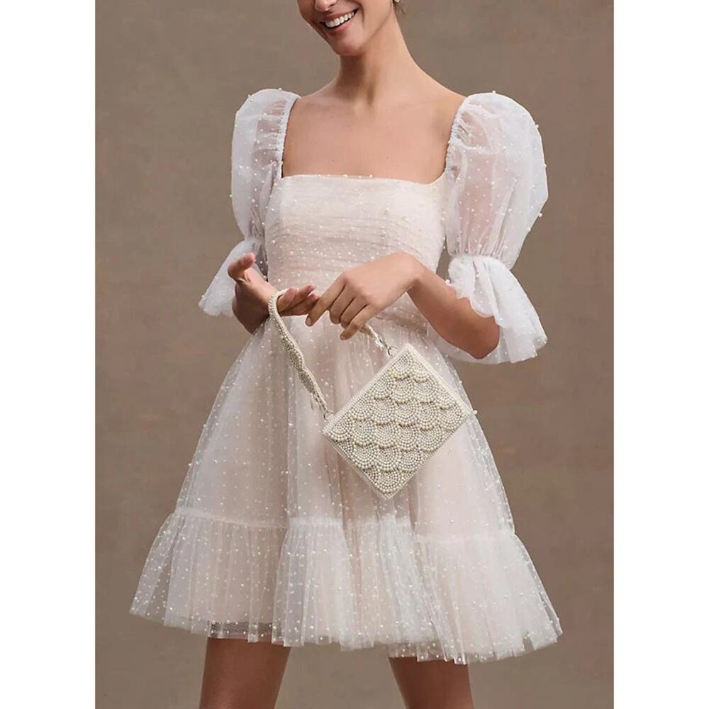 KissProm Pearl Short Reception Wedding Dress Bubble Sleeves Size XL/XXL. NEW!